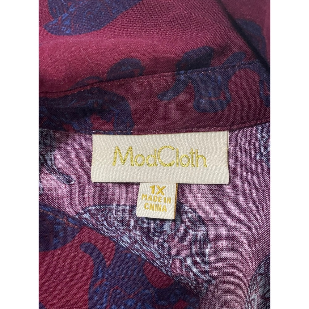 ModCloth 1X Burgundy Elephant‎ Print Cold Shoulder Collared Button Up Blouse Top - Picture 3 of 4